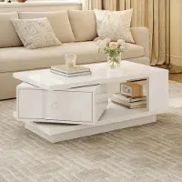 Merax Table basse avec finition brillante, tiroir pivotant, étagère ouverte, poignée en métal, fabriquée en MDF et en panneaux de particules, de couleur blanche