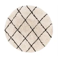 FRAAI Tapis rond à poils longs | Grand Lines Crème/Noir | Ø 220cm | Noir | Rond | Tapis