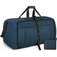 Unyqoos Ibenzoa Sac de voyage pliable, 65 L – Nylon robuste, compartiment à chaussures avec ventilation, fermeture éclair YKK sur la poignée, 65 x 30 x 34 cm, bandoulière réglable amovible, noir et bleu