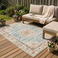 FRAAI Tapis d'extérieur vintage | Santo Medallion Bleu Clair | 80x150cm | Bleu | Rectangulaire | Tapis d'extérieur