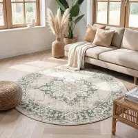 FRAAI Tapis rond vintage | Spring Medallion Crème/Vert | Ø 120cm | Crème | Rond | Tapis