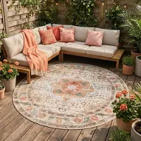 FRAAI Tapis d'intérieur et d'extérieur rond | kairo Medallion Crème/Multicolore | Ø 100cm | Crème | Rond | Tapis