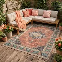 FRAAI Tapis d'intérieur et d'extérieur | kairo Medallion terra/Bleu Foncé | 80x150cm | Terracotta | Rectangulaire | Tapis