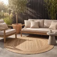 FRAAI Tapis d'extérieur en jute rond | Mavi Stripes Crème/Marron | Ø 160cm | Crème | Rond | Tapis d'extérieur