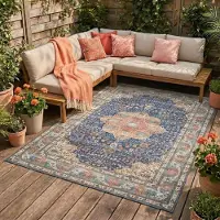 FRAAI Tapis d'intérieur et d'extérieur | kairo Medallion Bleu Foncé/terra | 80x150cm | Bleu | Rectangulaire | Tapis