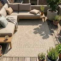 FRAAI Tapis d'extérieur en jute | Atlas Aztec Marron/Crème | 160x230cm | Crème | Rectangulaire | Tapis d'extérieur
