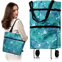 Unyqoos Sac pliable Ibenzoa avec roulettes – Trolley 2-en-1 en tissu Oxford, bleu, avec grand compartiment principal, poches latérales et roulettes silencieuses
