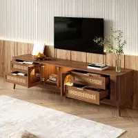 Merax Meuble TV avec éclairage LED et portes en verre, meuble TV avec 4 tiroirs et pieds en bois massif, meuble de salon moderne en panneaux de particules, finition noyer