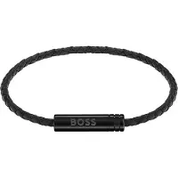 BOSS Bracelet tressé en cuir noir avec plaquette logo