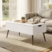 SUGIFT Table basse réglable en hauteur, table de salon avec espace de rangement, table d'appoint, blanche | 100 x 50 x 43,6–58 cm | Double plateau rabattable | Panneau de particules de classe E1