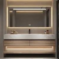360Home Lavabo en pierre frittée blanc, plan de travail en bois veiné, meuble sous lavabo avec miroir【RW3256-130 K】