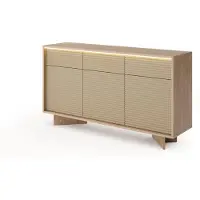 Bettso Grande commode avec tiroirs et portes, modèle DEMI 154 cm, finition chêne naturel texturé cappuccino, style Japandi avec profilé LED