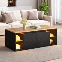 Merax Table basse avec éclairage LED, table d'appoint pour canapé, table de salon avec 2 portes et étagère semi-ouverte, table d'appoint, table basse en panneaux de particules, noire