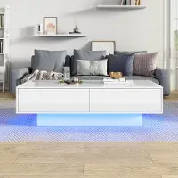 Merax Table basse avec surface brillante, deux tiroirs, éclairage LED, table d'appoint pour canapé, table de salon, 30 kg, blanche