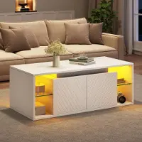 Merax Table basse avec éclairage LED, table d'appoint pour canapé, table de salon avec 2 portes et étagère semi-ouverte, table d'appoint, table basse en panneaux de particules, blanche