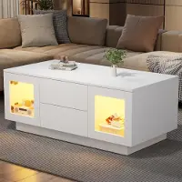 Merax Table basse pour salon, avec 2 tiroirs et 2 compartiments, table d'appoint pour canapé avec éclairage LED contrôlable par application et par la voix, table d'appoint en MDF, blanche