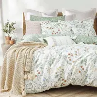Famanu Couverture de lit , 200 x 200 cm, vert et blanc, motifs floraux et de feuilles, réversible