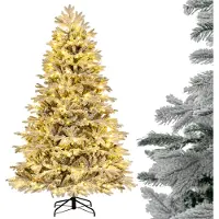 Costway Arbre de Noël artificiel 210cm, Sapin 1328 branches mixtes avec neige, 450 LEDs blanc chaud, Sapin de Noël, blanc vert