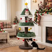 Costway Arbre à chat de 143 cm, design sapin de Noël, avec cachette, poteaux à gratter, décorations en forme d'étoiles, boules en peluche, base large et poteaux renforcés