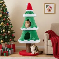 Costway Arbre à chat de 130 cm, design sapin de Noël, griffoir pour chat en peluche avec 2 cachettes, poteau à griffer et bonnet de Noël, tour de chat multi-étages