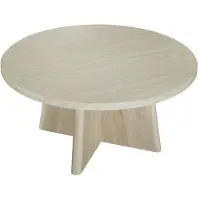 CALICOSY - Table basse rondeReproduction travertin et piedReproduction chêne D80 cm - AGATE