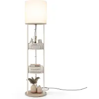 Costway , lampe sur pied de 158 cm, avec abat-jour en lin, interrupteur à tirette, étagères, panier de rangement et base en bois stable. Lampe de lecture, lampe sur pied