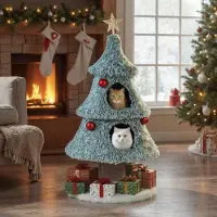 Costway 55x123 cm Arbre à chat de Noël, Arbre à chat avec 2 cavités pour chats, Tronc épais, grande base&boules, Arbre à chat de Noël Intérieur, Vert