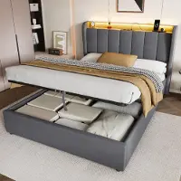 MODFU Lit de jeunesse 140x190, lit à eau avec coffre de rangement et tête de lit rembourrée, lit double avec coffre et tête de lit LED, sans matelas, couleur gris foncé