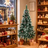 Peviasot Arbre de Noël artificiel , 150 cm, vert, avec 20 cônes de sapin et effet neige, 300 extrémités de branches, en PVC, avec support en métal