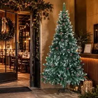 Eikuavons Arbre de Noël artificiel , 210 cm, vert, avec 35 cônes de sapin et effet neige, 750 extrémités de branches, en PVC, avec support en métal
