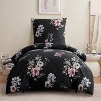 Benza Ensemble de housses de couette Ibenzoa en microfibre, 155 x 220 cm, 2 pièces, noir avec motif floral – comprenant une taie d'oreiller 80 x 80 cm, douce et respirante