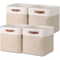 Merkloos Boîtes de rangement pliables - Lot de 4 - En lin avec des poignées en cuir