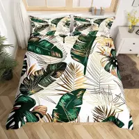 Merkloos Elzusha - Ensemble de couette et taies d'oreiller, motif feuilles tropicales, vert et or - Super King