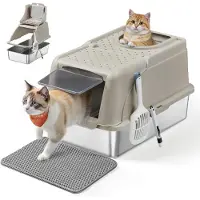 Feandrea Bac à litière pour chat , en acier inoxydable, taille XL, avec couvercle, pour chats jusqu'à 15 kg – couleur cappuccino