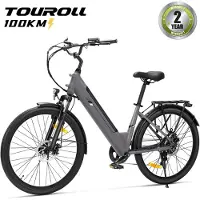 Touroll Vélo électrique J2 ST (cadre ouvert), 250 W, 45 Nm, 561,6 Wh, jusqu'à 100 km, transmission Shimano 7 vitesses, fourche suspendue de 60 mm