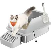 Feandrea Litière pour chat en acier inoxydable, modèle XXL, avec rebord surélevé, marche et pelle – Gris colombe