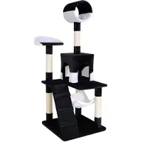 Lionto Arbre à chat, arbre à chat élégant de 133 cm, recouvert de peluche, troncs en sisal robustes & surfaces de repos polyvalentes, noir/blanc