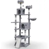 VOUNOT Arbre à chat 215 cm, meuble pour chat à plusieurs étages XXL, avec panier, balles en peluche, troncs épais, arbre à grimper pour chats, gris