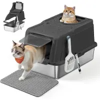 Feandrea Litière pour chat en acier inoxydable, modèle PPT005BH01, avec couvercle rabattable, couleur noire