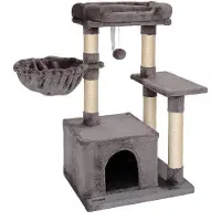 Benza Ibenzoa Arbre à gratter pour chats, 85 cm – gris foncé, avec peluche et sisal, compact (50 x 40 x 85 cm), comprenant une cachette, un panier de repos, une balle de jeu et des supports muraux