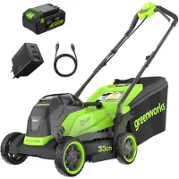 Greenworks Tondeuse à gazon sans fil 24V, diamètre de coupe 33,0 cm, moteur sans balais (à pousser), batterie 4,0 Ah et chargeur inclus
