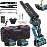 OEM Scie à chaîne, moteur sans balais, design léger, couleur bleue, 20 cm (8 pouces), deux batteries