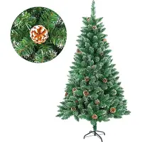 LZQ Arbre de Noël artificiel 210cm Sapin avec support en acier inoxydable avec neige et pommes de pin pour décoration de Noël
