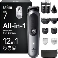 Braun All-in-One Series 7, 12-in-1 Groomingset, ProBlade, Tondeuse nez, AutoSense, Rasoir électrique pour hommes, Rasoir corps, Tondeuse barbe et cheveux, Batterie 120 min, AIO7545, Gris