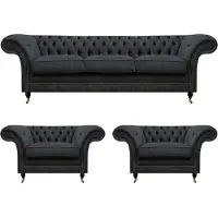 AEA Chesterfield gris fonction lit canapé textile 2x fauteuil 3pcs set garniture