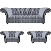 AEA Chesterfield Hellgraue Sofagarnitur Edler Polster Dreisitzer 2x Sessel