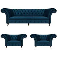 AEA Blaue Chesterfield 2x Sessel Wohnzimmer Dreisitzer Polster Couch 3tlg