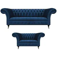 AEA Edle Chesterfield Sofagarnitur Designer Blauer Dreisitzer Polster 2-er