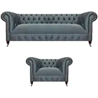 AEA Hellgraue Polster Chesterfield Garnitur Wohnzimmer Dreisitzer Sessel