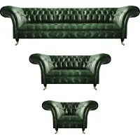 AEA Grün Leder Sofas Set 3tlg Wohnzimmer Sofagarnitur Polstermöbel Chesterfield
